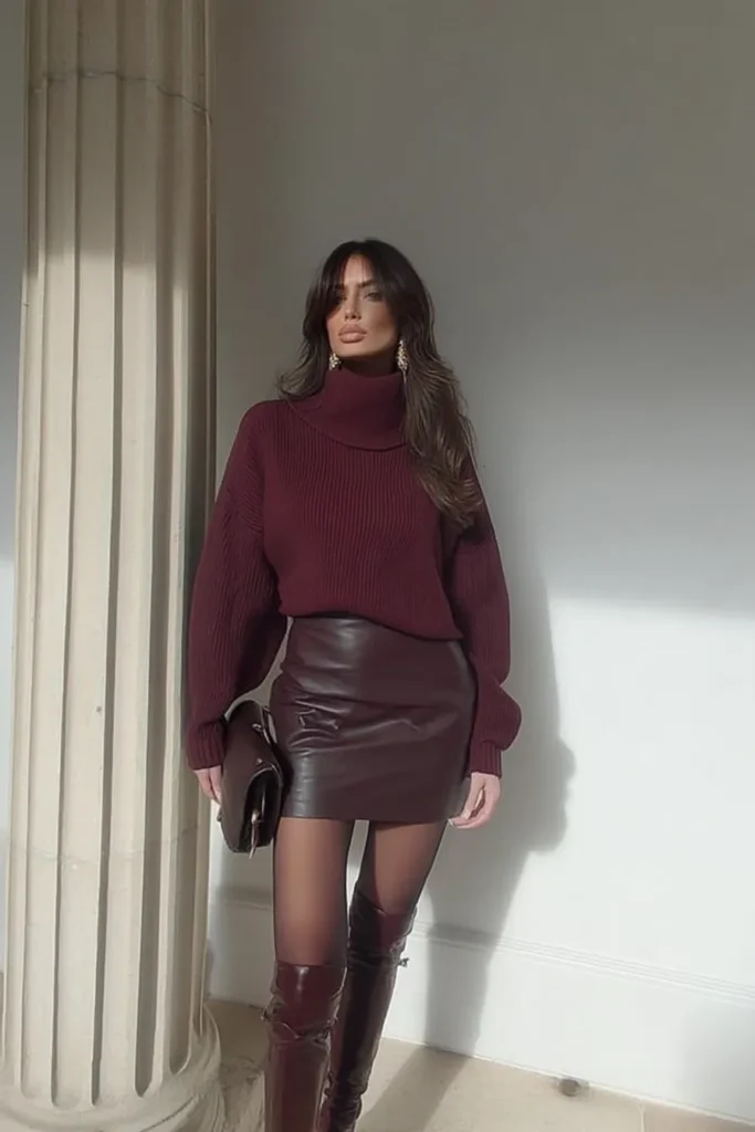 Stylish fall skirt outfits, burgundy ribbed turtleneck sweater styled with leather mini skirt, knee-high boots, clutch bag, gold earrings for chic monochromatic autumn styling inspiration