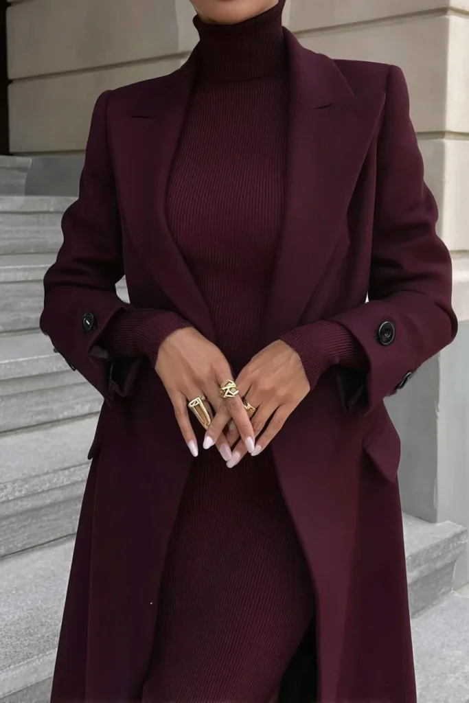 Stylish fall winter outfits inspiration in burgundy with structured outerwear, cozy knit textures, and gold jewelry accents.