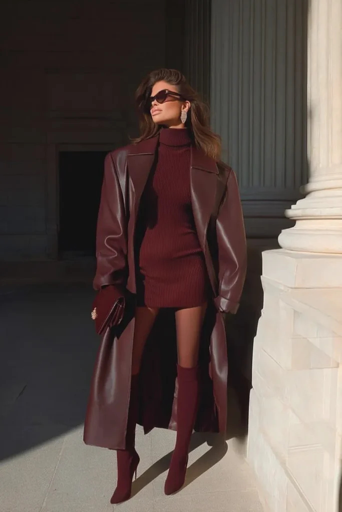 Stylish trendy fall outfits, elegant layered look with burgundy leather coat, turtleneck jumper, mini skirt, knee-high boots, designer accessories, for upscale seasonal styling