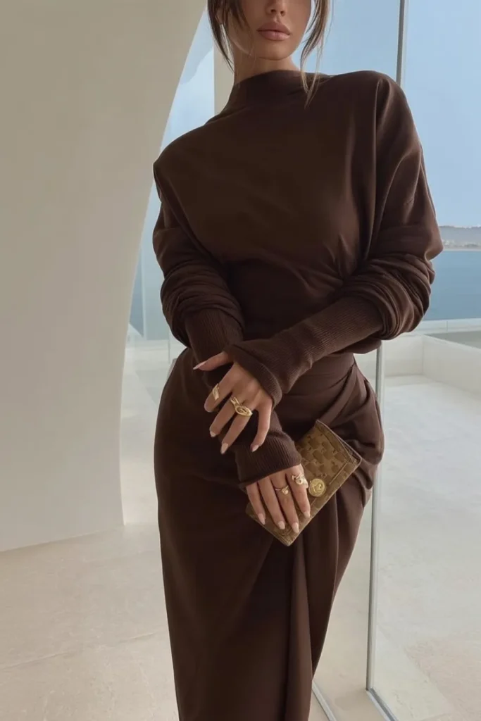 Trendy cozy fall outfits, monochromatic brown knit dress with oversized fit, long sleeves with gold jewelry for effortless autumn comfort styling and relaxed seasonal fashion