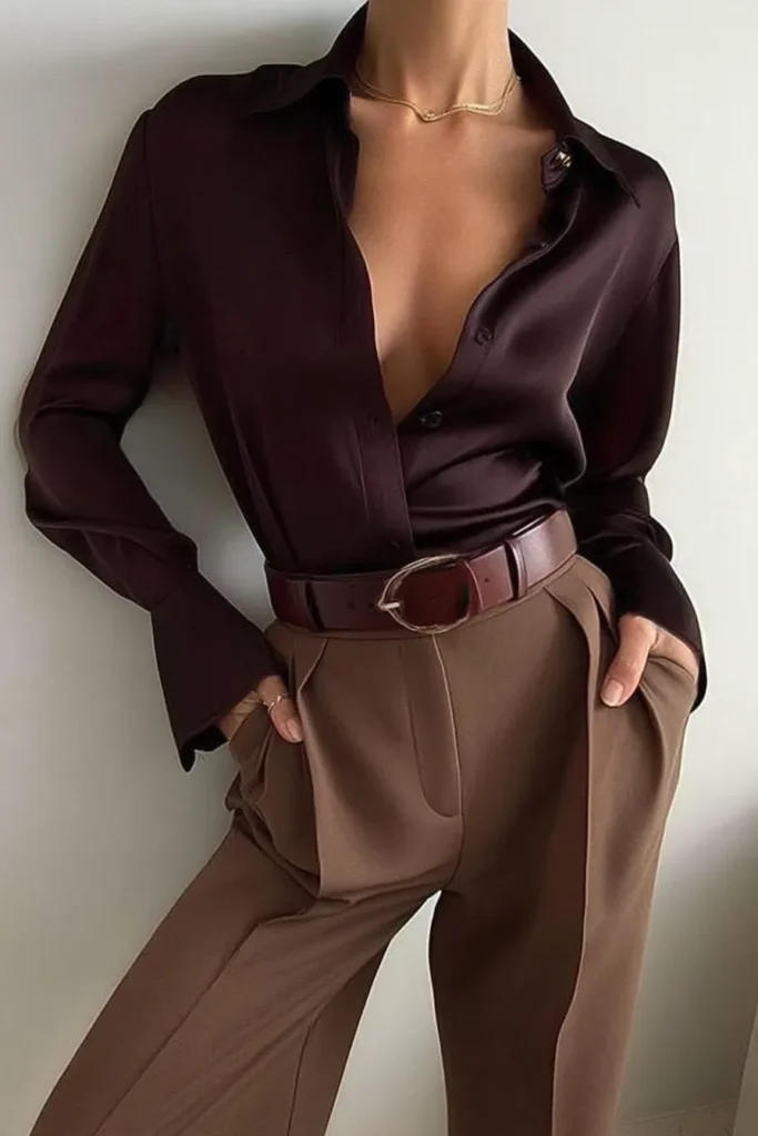 Trendy fall autumn outfits, brown oversized shirt, taupe palazzo pants, belt with gold buckle, metallic jewelry, and contemporary styling ideal for transitional weather fashion inspiration