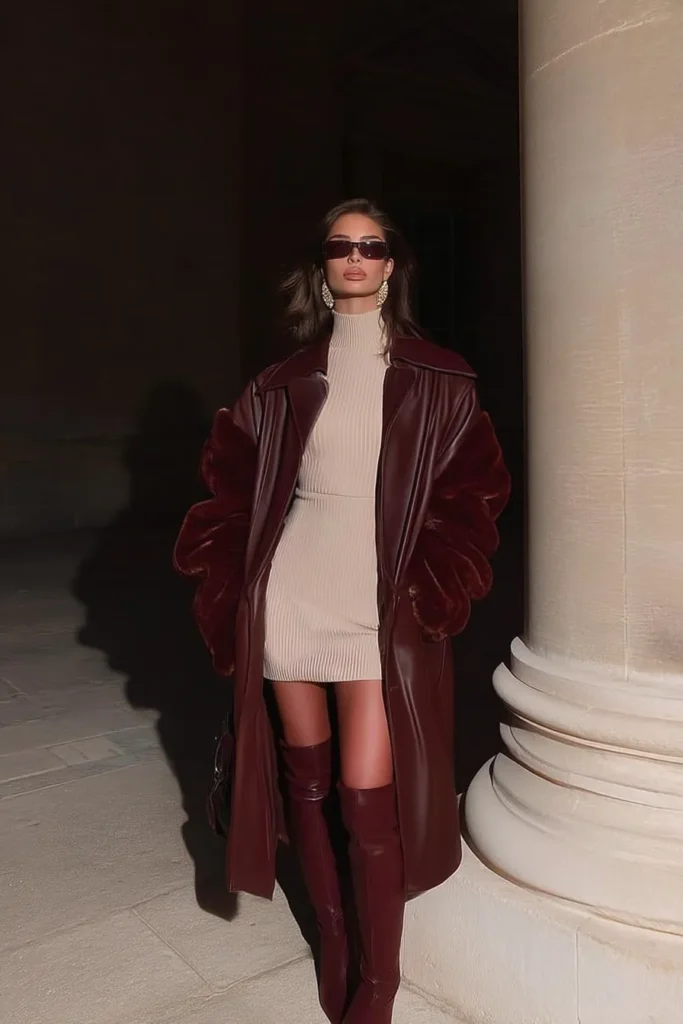 Trendy fall fashion outfits with layering, oversized burgundy leather coat, cream turtleneck dress, thigh-high boots, sunglasses, gold jewelry, and structured accessories for upscale seasonal fashion