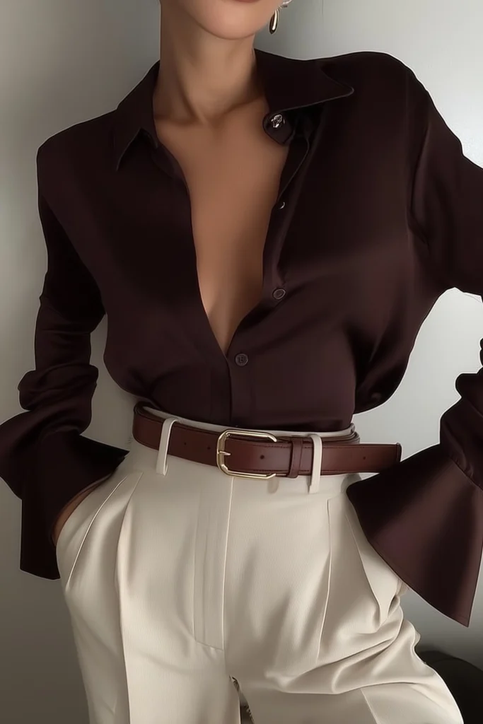 Trendy fall inspo outfits, woman in brown button-up satin shirt with casual styling, white palazzo pants, brown belt, metallic jewelry accents, and contemporary aesthetic perfect for autumn wardrobe
