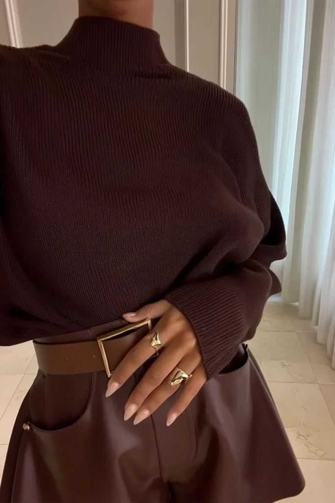 Trendy fall outfits aesthetic, brown ribbed turtleneck sweater, tonal leather mini skirt with pleated hem, coordinating belt accent, chunky gold ring,  stylish look, seasonal fashion inspiration