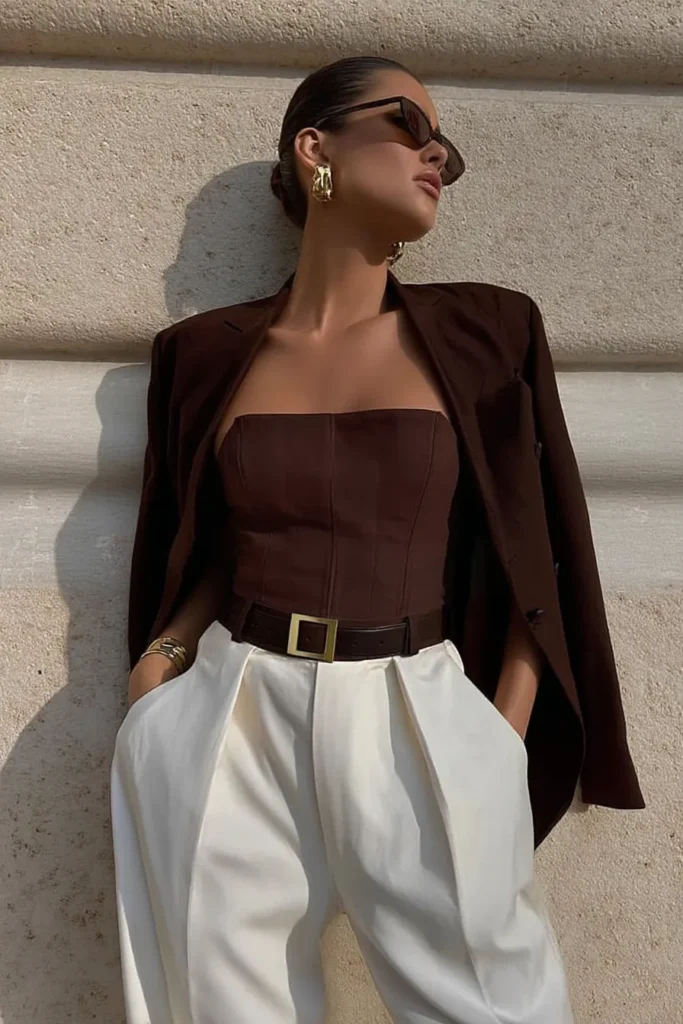 Trendy fall outfits, brown structured blazer, fitted strapless top, white palazzo-style trousers, leather belt detail, metallic jewelry, creating elevated autumn wardrobe look