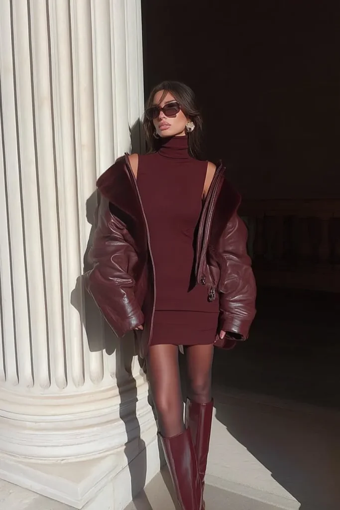 Trendy fall outfits ideas, elegant burgundy look with sleeveless high-neck mini dress, leather jacket, tall boots with heel, and gold earrings on marble staircase setting