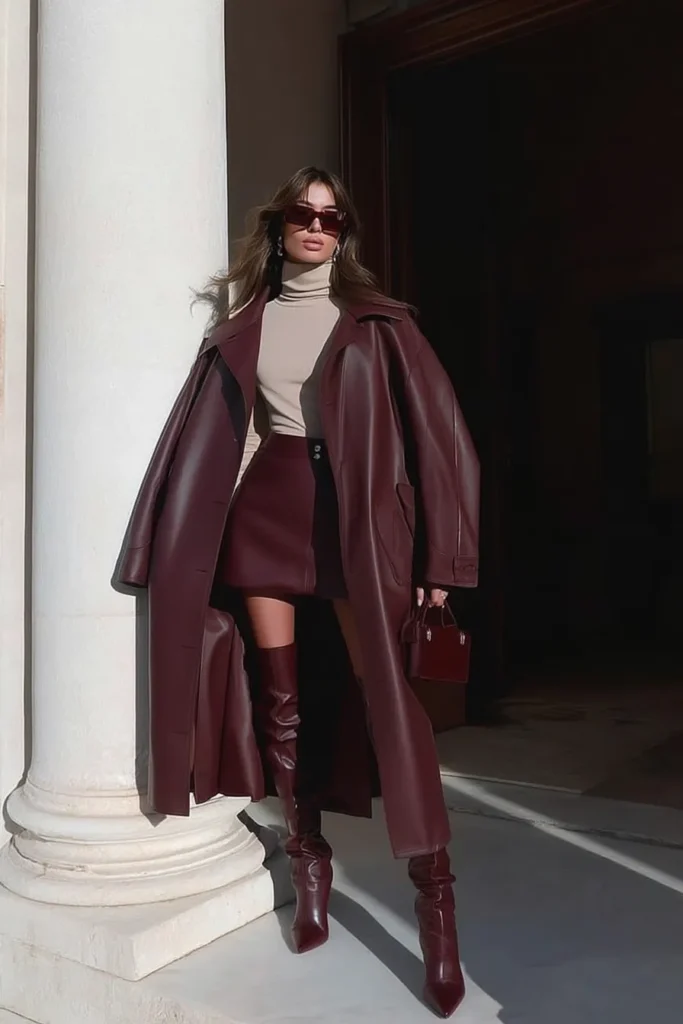 Trendy fall outfits women ideas, elegant layered look with burgundy wool coat, fitted cream sweater, belted leather skirt, matching thigh-high boots, dark sunglasses, for seasonal styling