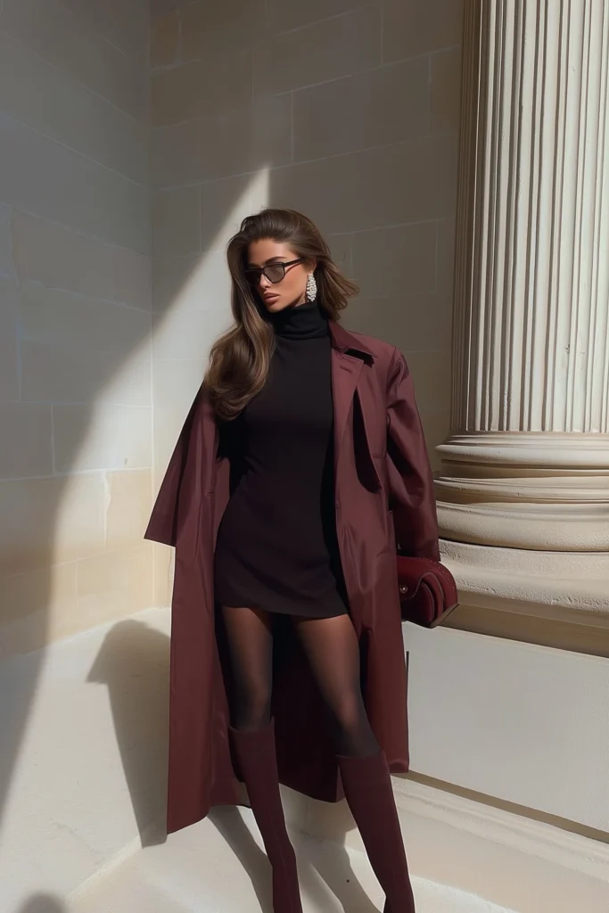 Trendy fall winter outfits, luxurious layering with oversized burgundy coat, sleek black turtleneck dress, tights, heel boots, sunglasses, metallic jewelry, for cold weather fashion