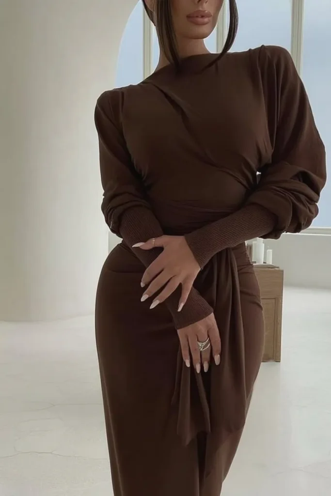 cozy fall outfits, brown oversized knit dress with relaxed fit, styled with delicate rings perfect for casual autumn loungewear