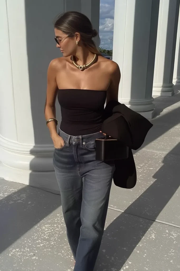 Casual fall outfits, timeless denim look with sleek black bandeau top with blue jeans, black tailored blazer, gold cuff bracelets, and gold sunglasses for seasonal wardrobe goals