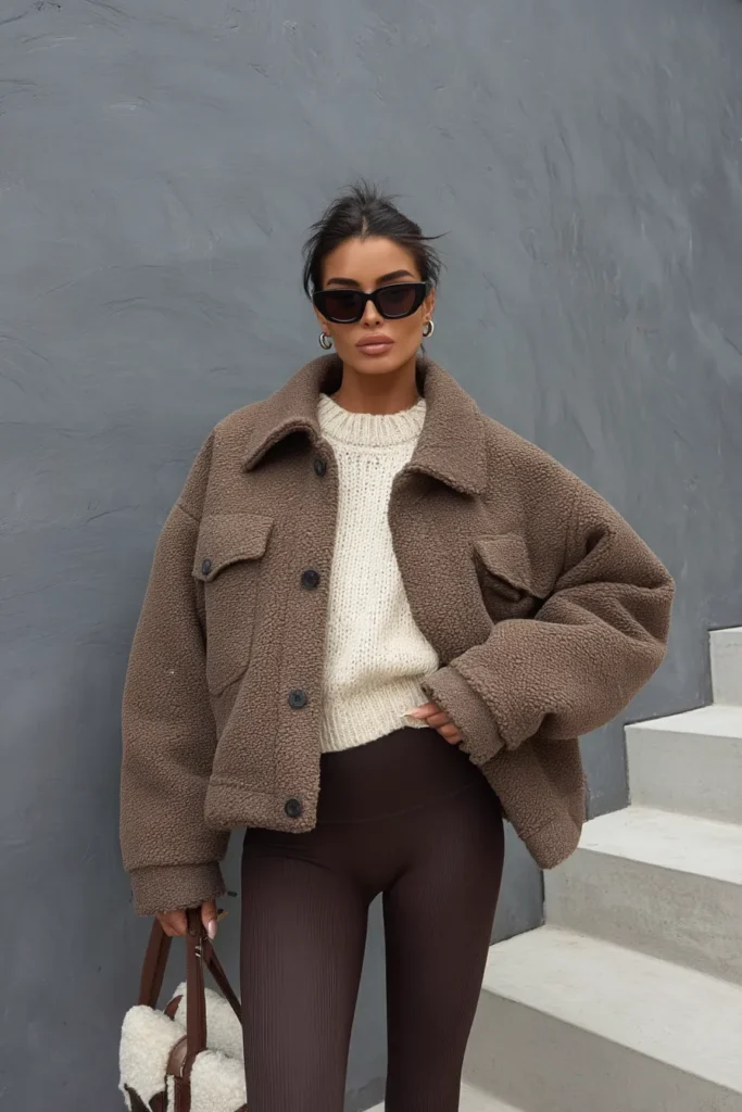 Casual winter coat outfits, chocolate brown jacket with by knit top and sleek brown leggings. Brown accessories create a cohesive everyday cold weather ensemble.