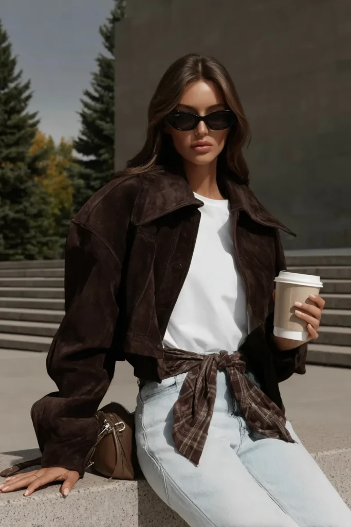 Casual winter outfits cocoa brown jacket styled with fresh white basics and light blue jeans, for versatile everyday winter fashion that balances comfort with style