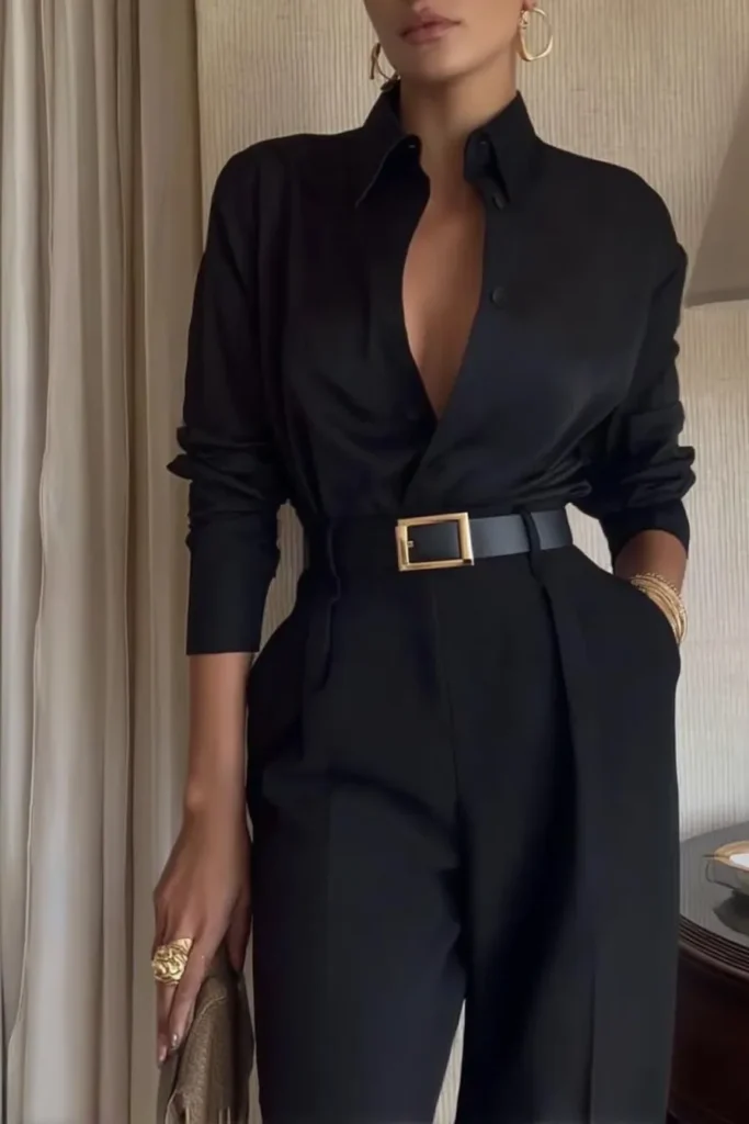 Chic classy fall outfits displaying luxe black tailored trousers, styled with satin shirt and gold accessories for polished office-ready autumn fashion