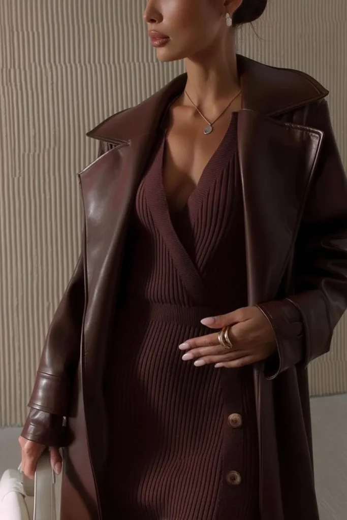 Chic classy winter outfits,-brown leather trench coat with  ribbed midi dress and minimal jewelry, luxurious look that exemplifies sophistication and style for winter events