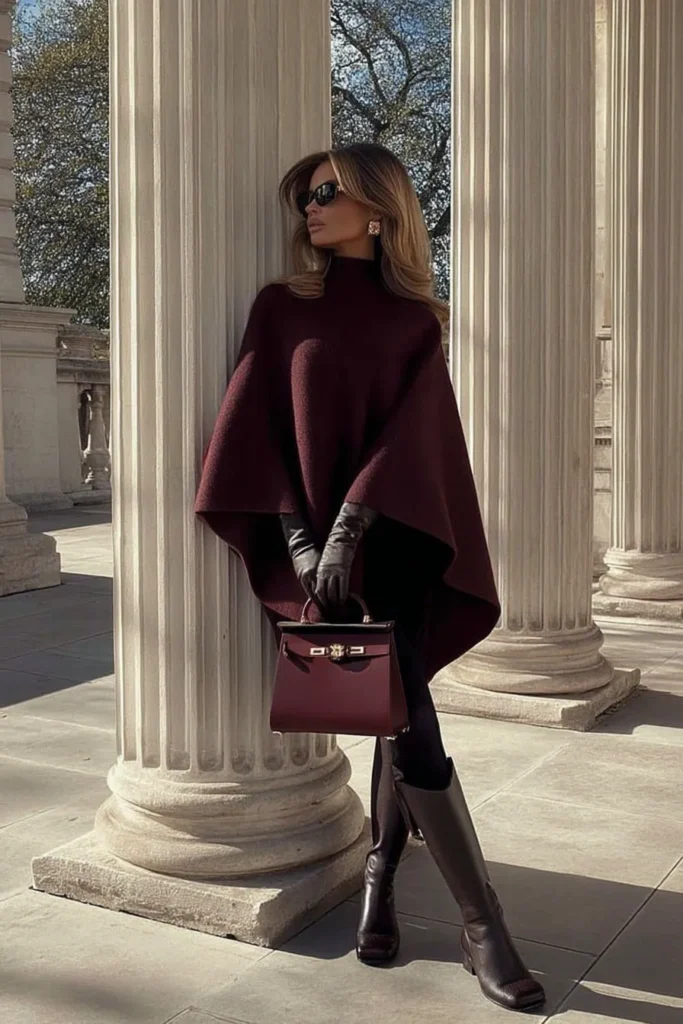 Chic classy winter outfits, burgundy oversized sweater with turtleneck, black trousers and handbag. Over-the-knee boots and sunglasses elevate this sophisticated seasonal style.