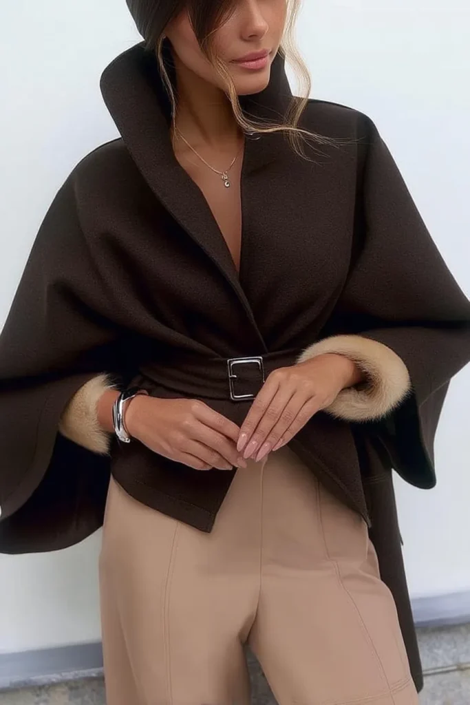 Chic cozy winter outfits brown cape coat, statement silhouette with camel trousers and silver accessories. This warm tonal combination balances comfort with style for everyday winter wear