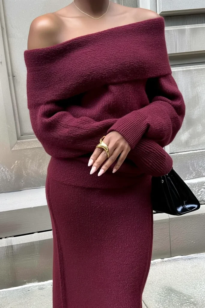 Chic cozy winter outfits, knit sweater dress with voluminous sleeves styled with black handbag, creating a monochromatic look that combines comfort and elegance for everyday winter wear
