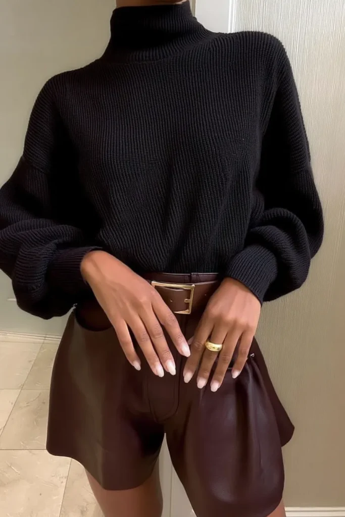 Chic cute fall outfits, trendy look with black knit turtleneck, and brown faux leather high-waisted shorts with matching belt with gold jewelry for seasonal wardrobe goals