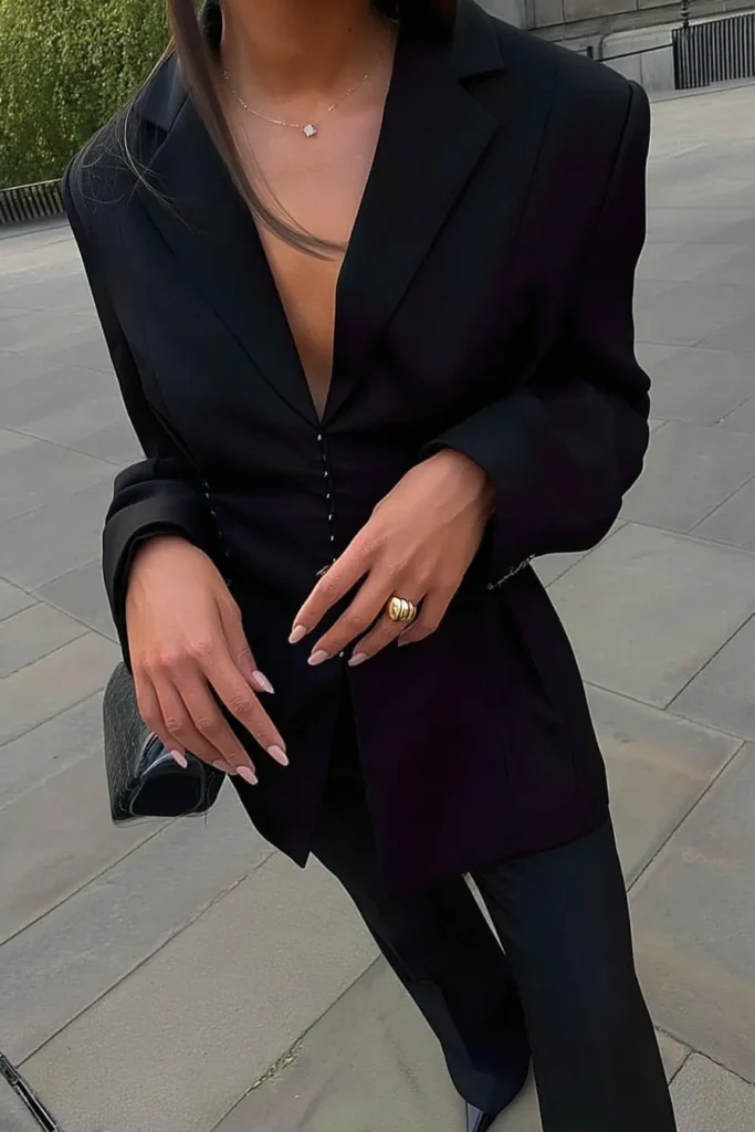 Chic fall autumn outfits, longline black blazer and matching pants, statement gold ring, and black textured clutch bag for cold weather wardrobe