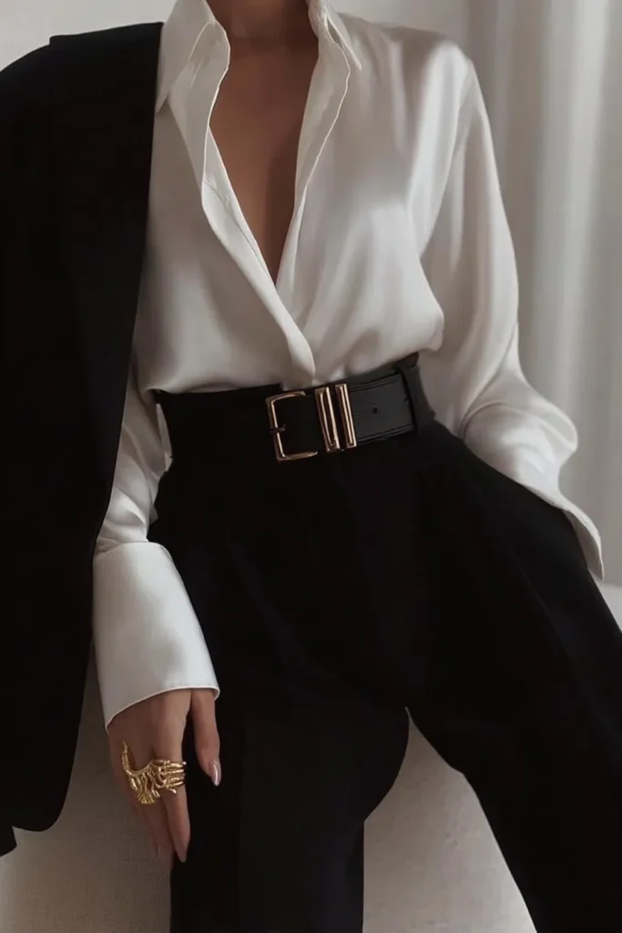 Chic fall outfits, timeless white satin blouse tucked into structured black pants, with sleek black belt with gold hardware and gold jewelry for seasonal wardrobe inspiration