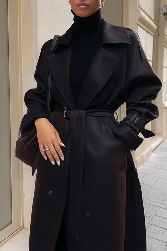 Chic fall winter outfits, timeless black look with wool trench coat with belt, worn over fitted turtleneck knit, and accessorized with gold jewelry for seasonal wardrobe inspiration