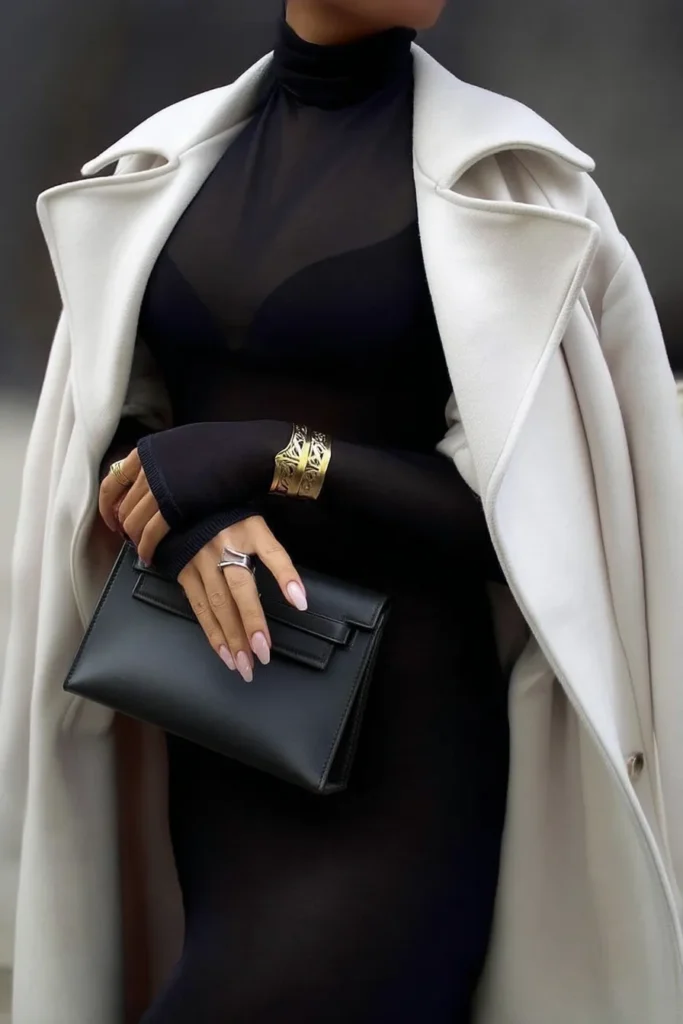 Chic fall winter outfits, timeless monochrome look with ivory longline coat styled with black knit turtleneck dress,  and black clutch for stylish seasonal wardrobe