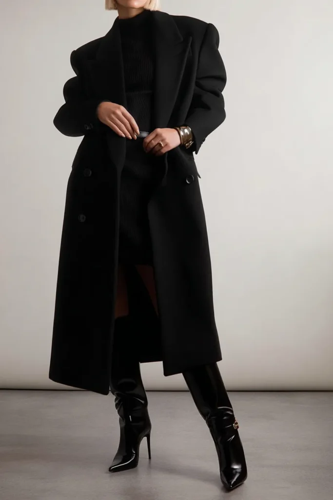 Chic fall winter outfits, with longline black trench coat worn over black knit turtleneck and trousers, complemented by sleek black patent boots and minimalist for seasonal wardrobe