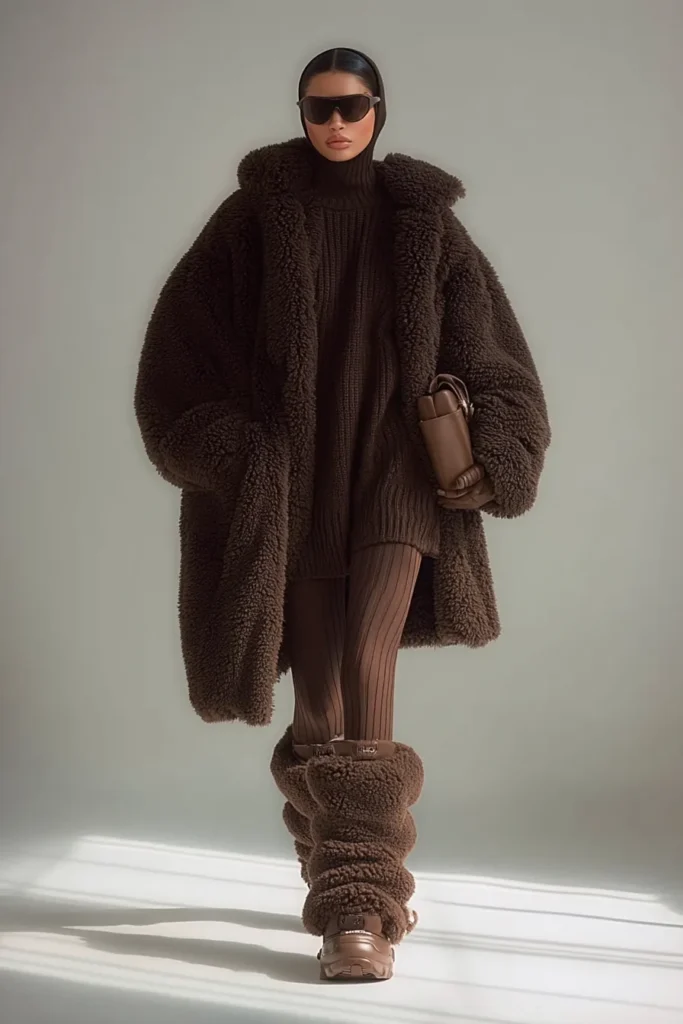Chic warm winter outfits, brown fluffy coat styled over ribbed turtleneck and pants with fuzzy boots. Sunglasses complete this ultra-cozy monochromatic look ideal for cold temperatures.