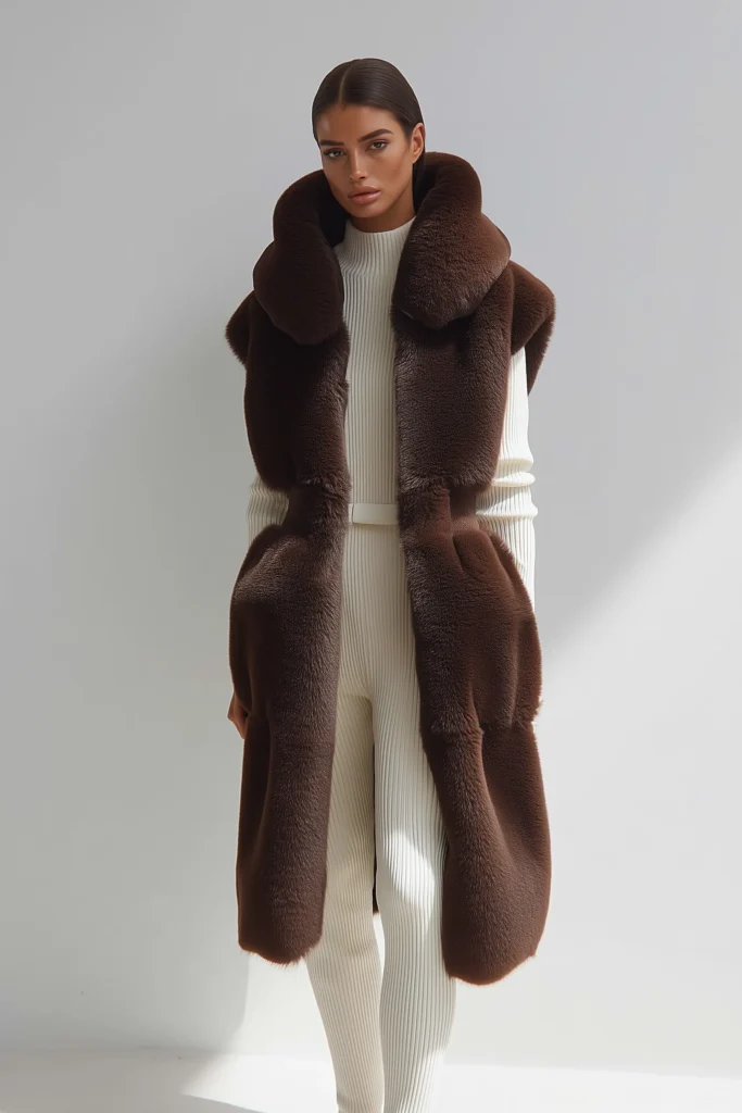 Chic winter casual outfits, brown fur two-piece set with cropped vest and styled over ivory ribbed knit turtleneck and leggings.