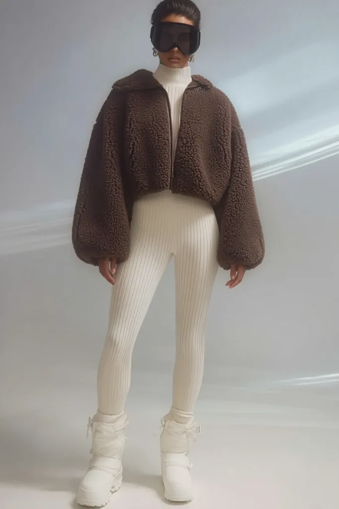 Chic winter fashion outfits casual, brown teddy jacket with ribbed knitwear set and soft boots. with ski sunglasses. This textured ensemble balances comfort with contemporary style.