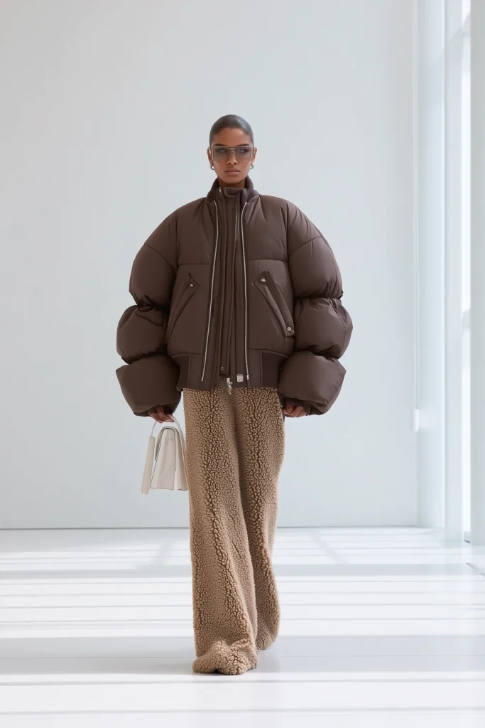 Chic winter outfits cold, brown puffer coat complemented by coordinating turtleneck and caramel fuzzy pants. Neutral handbag elevates this cozy cold weather ensemble.