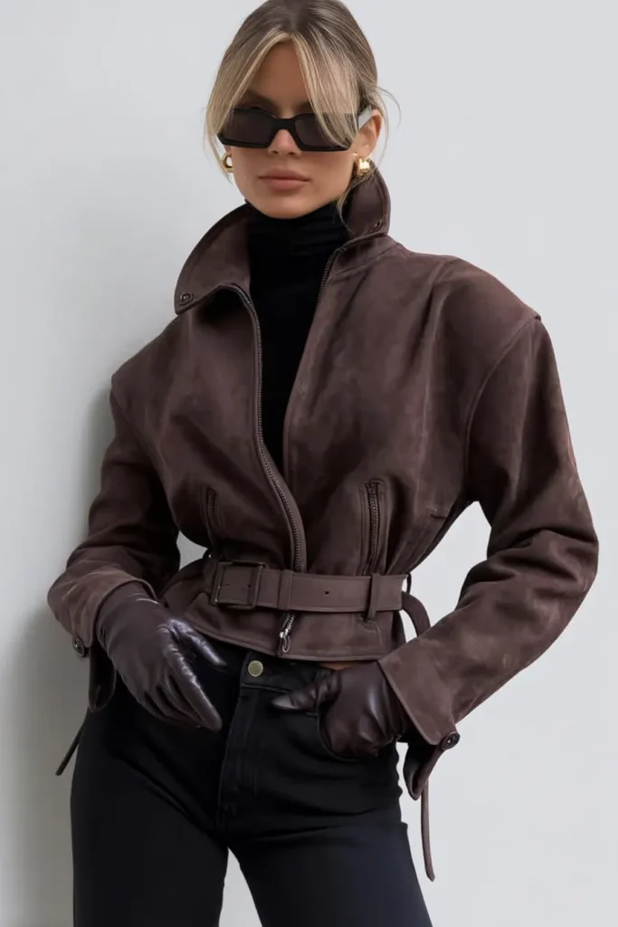 Chic winter outfits rich brown belted leather jacket styled over black fitted turtleneck and high-waisted jeans. Brown accessories create a stylish outfit for seasonal style.