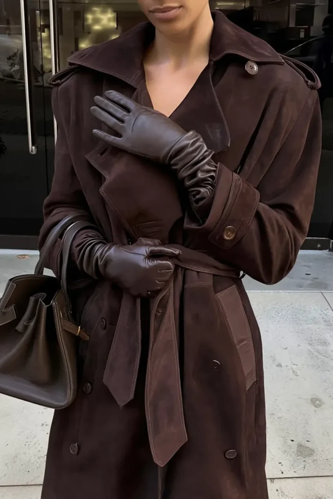 Chic winter outfits women deep brown belted trench coat styled with coordinating brown leather accessories. Classic outerwear timeless elegance with warmth for seasonal style.