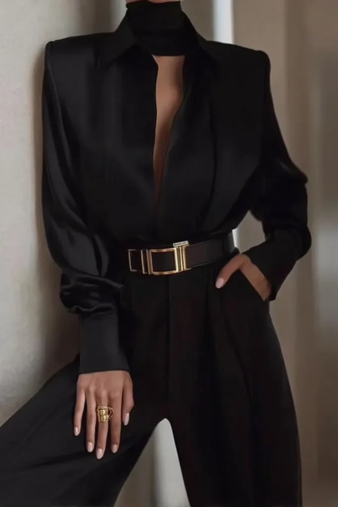 Classy fall outfits featuring all-black ensemble with satin collared blouse, high-waisted trousers, and statement gold belt for sophisticated autumn styling inspiration