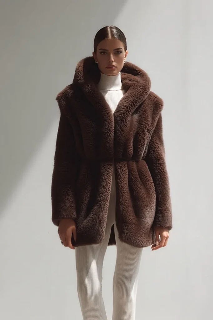 Comfy winter outfits, brown faux fur coat with oversized hood and belted waist styled with cream ribbed turtleneck and matching knit pants. Ultimate comfort and warmth for cold weather styling.