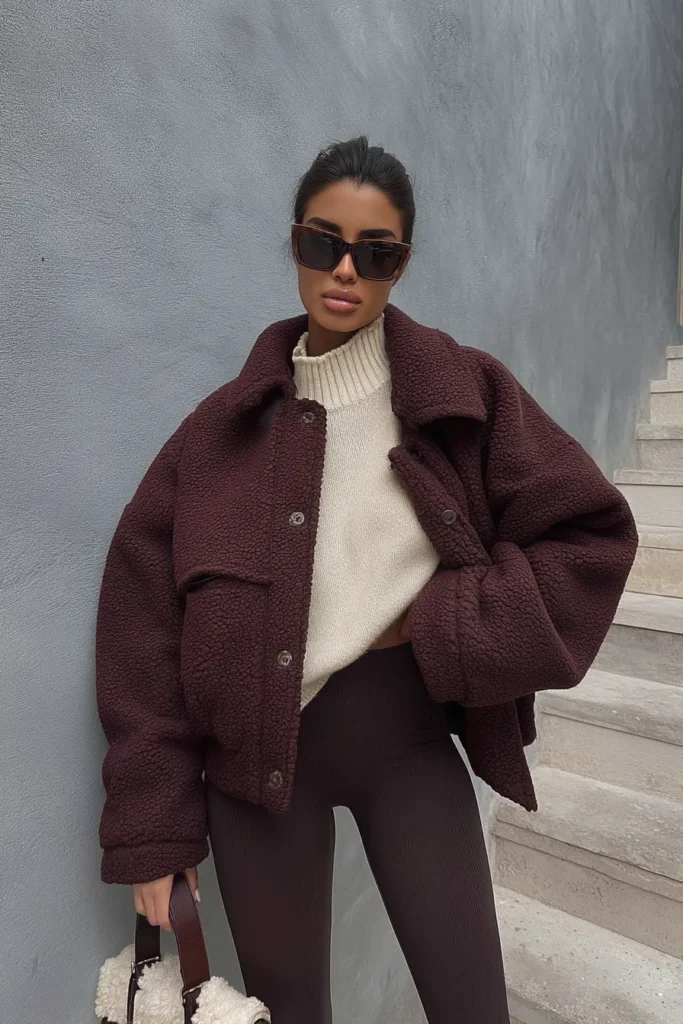 Cozy cute winter outfits, burgundy oversized teddy jacket with cream turtleneck sweater and matching trousers. Sunglasses and fuzzy bag add charming finishing touches to this adorable ensemble.