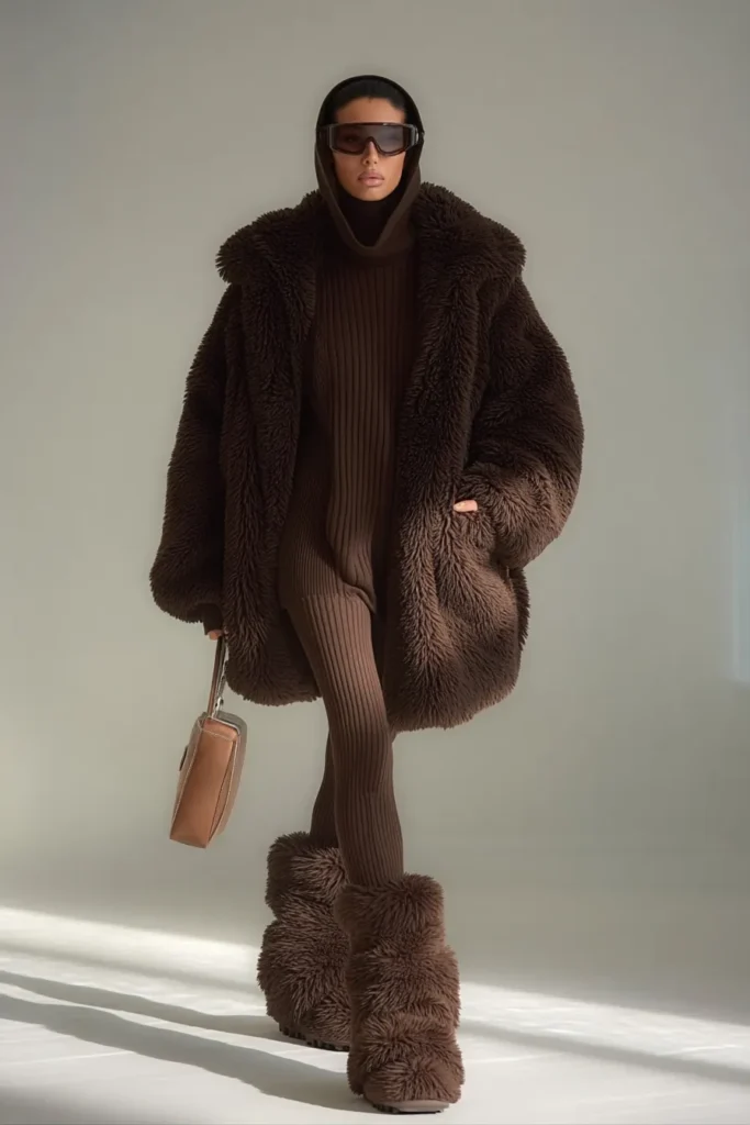 Cozy warm winter outfits, brown teddy coat with ribbed sweater, knit trousers, and fluffy boots. Sunglasses and beige bag elevate this comfortable head-to-toe monochrome style.