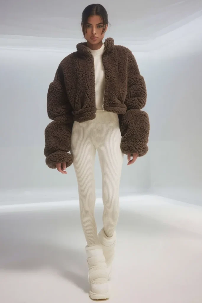 Cozy winter fashion outfits casual,  brown oversized teddy jacket with cream ribbed turtleneck and matching knit pants. Ivory  boots complete this comfortable monochromatic ensemble.