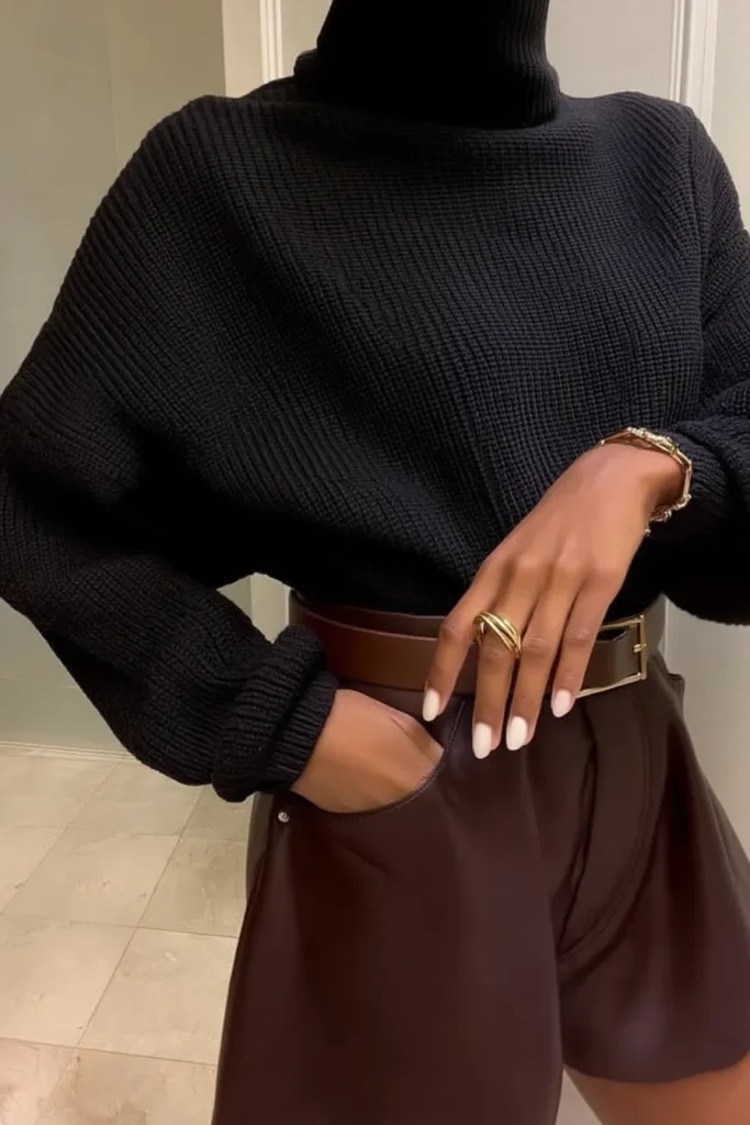 Cute fall outfits, cozy black turtleneck sweater tucked into high-waisted chocolate brown leather shorts, leather belt and accessorized with gold ring for casual autumn styling inspiration