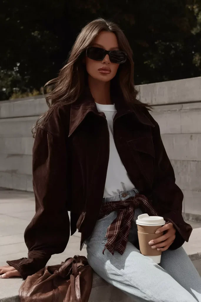 Effortless casual winter outfits, chocolate brown suede bomber jacket with oversized fit and with white basic tee, light-wash denim jeans, and sunglasses, perfect for everyday cold weather