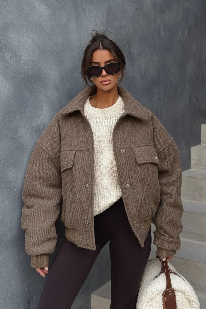 Effortless winter coat outfits, mocha brown teddy jackets with plush texture styled over beige knit and pants. Brown bag completes this relaxed seasonal look.