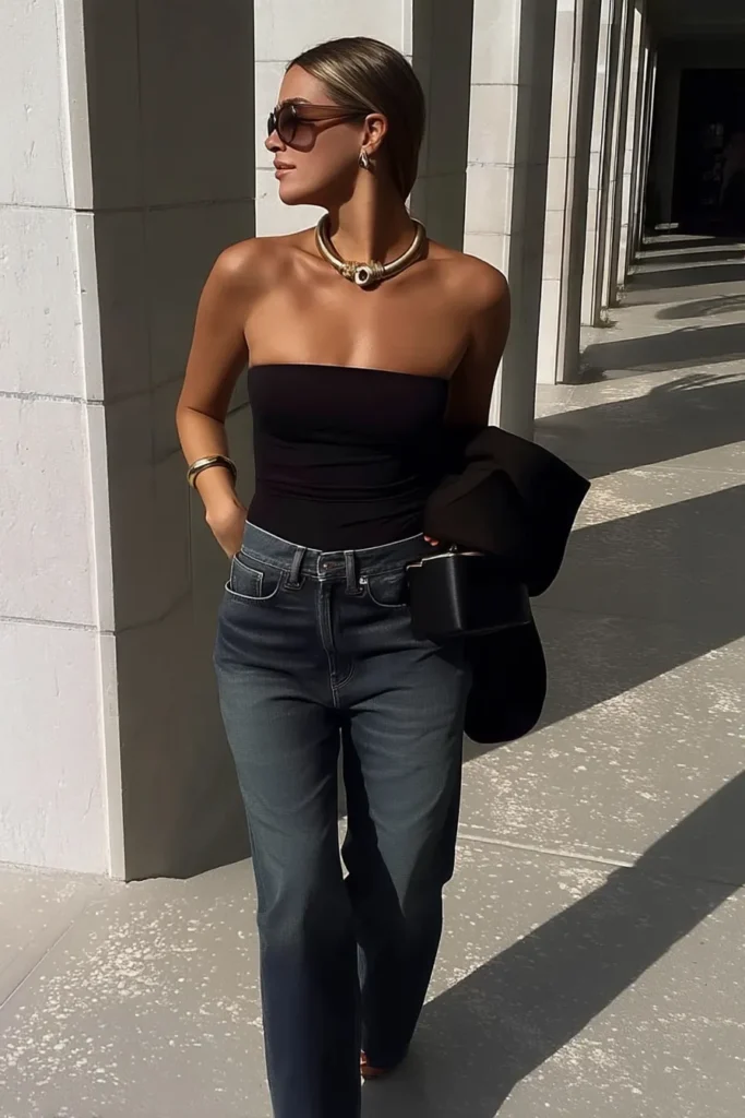 Elegant casual fall outfits, with fitted black strapless top styled with vintage-wash straight-leg denim jeans, oversized black blazer jacket, and sunglasses for autumn fashion inspiration