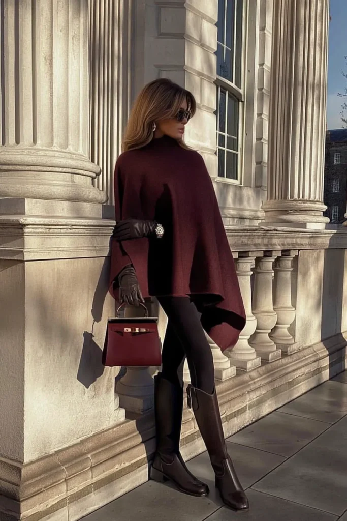 Elegant classy winter outfits, burgundy knit turtleneck styled over sleek black trousers and boots. Burgundy bag and sunglasses, refined cold weather look