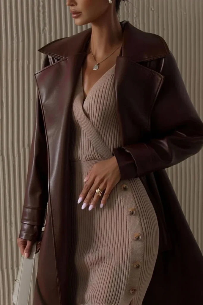 Elegant classy winter outfits, rich chocolate brown leather coat with beige ribbed knit midi dress, perfect for upscale cold weather occasions