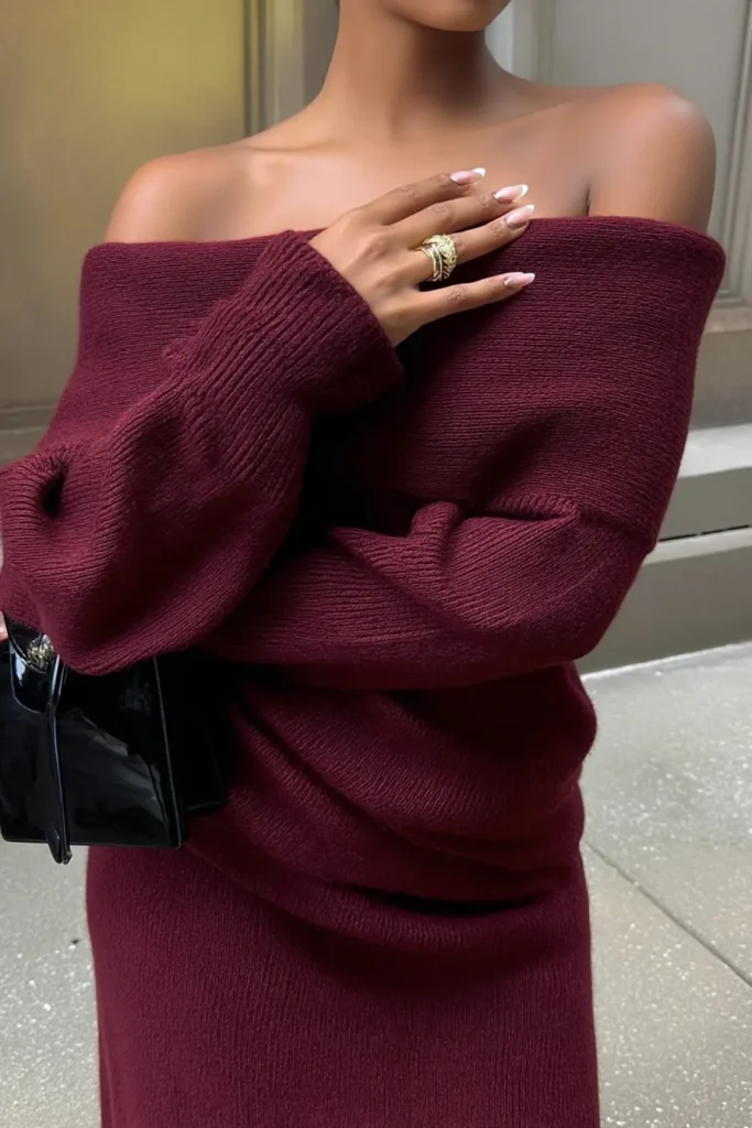 Elegant cozy winter outfits, burgundy knit dress with off-shoulder neckline and relaxed silhouette styled with glossy black leather bag,
