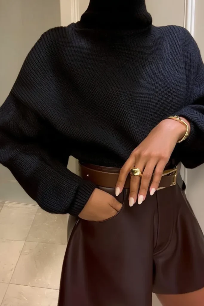 Elegant cute fall outfits, cozy-chic aesthetic with oversized black turtleneck sweater, styled with brown leather mini shorts, for effortless styling
