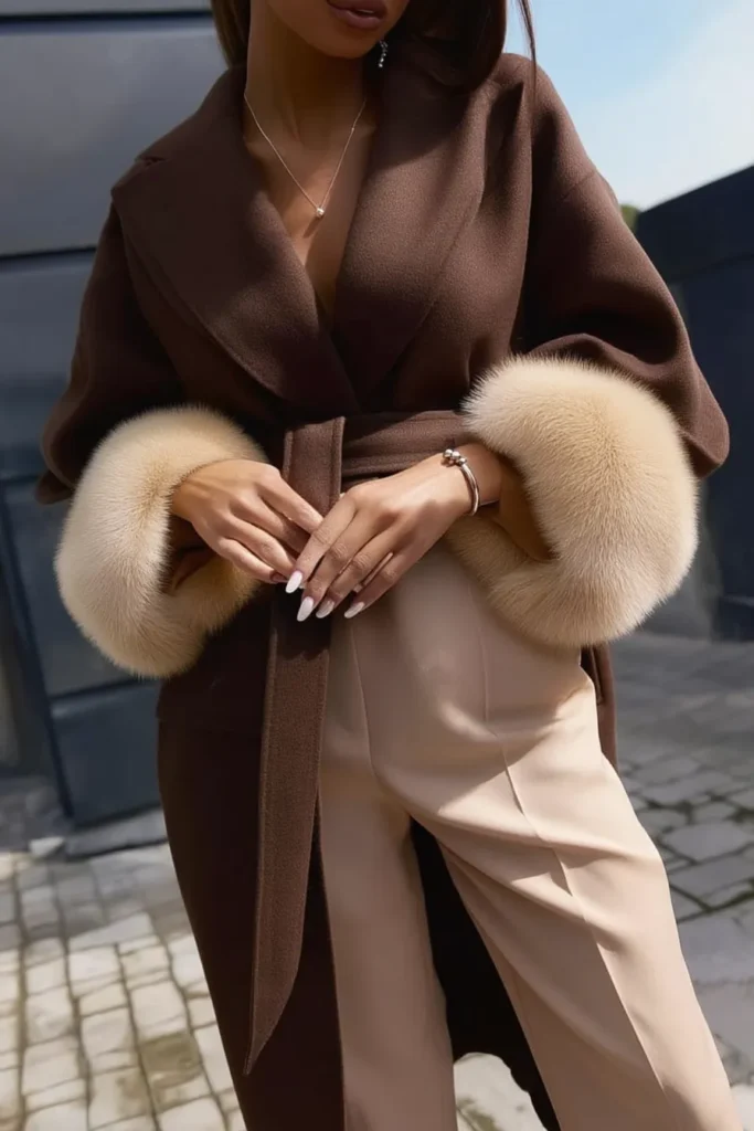 Elegant cute winter outfits, brown belted jacket with fur sleeve trim with tonal knit top and ivory trousers. Silver chain and bangles add refined sparkle to this adorable layered outfit.