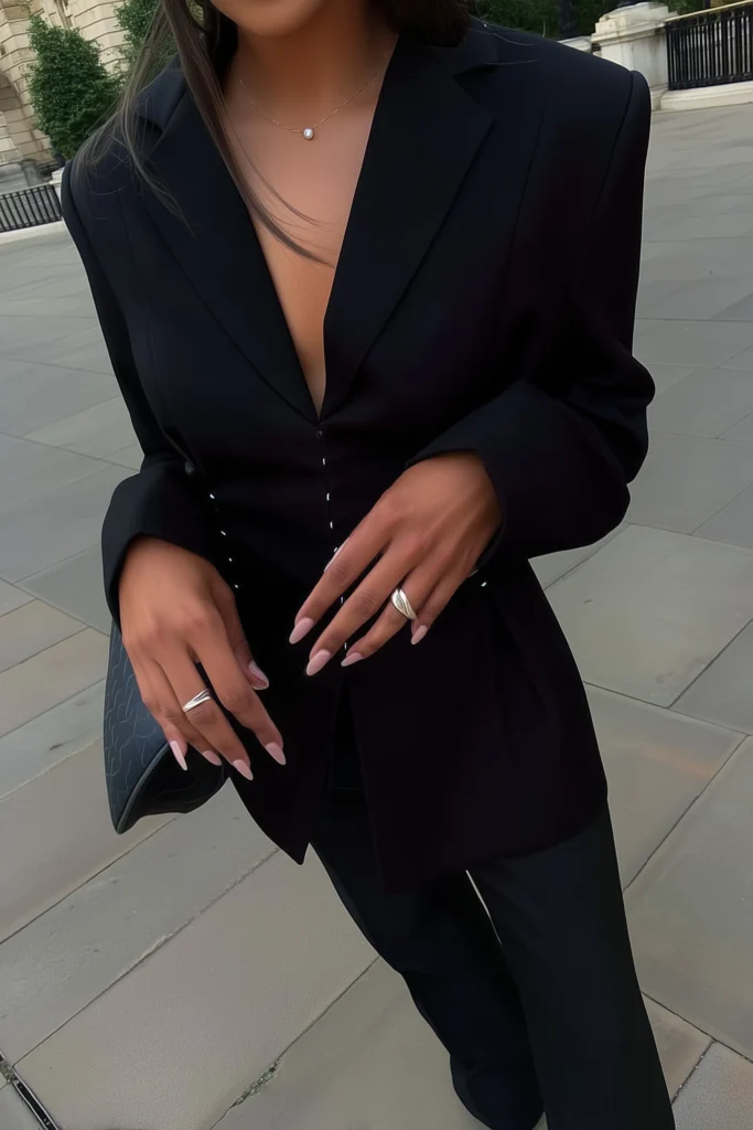 Elegant fall autumn outfits, minimalist aesthetic with oversized black suit blazer styled with tailored trousers, styled, and black quilted bag for upscale seasonal fashion