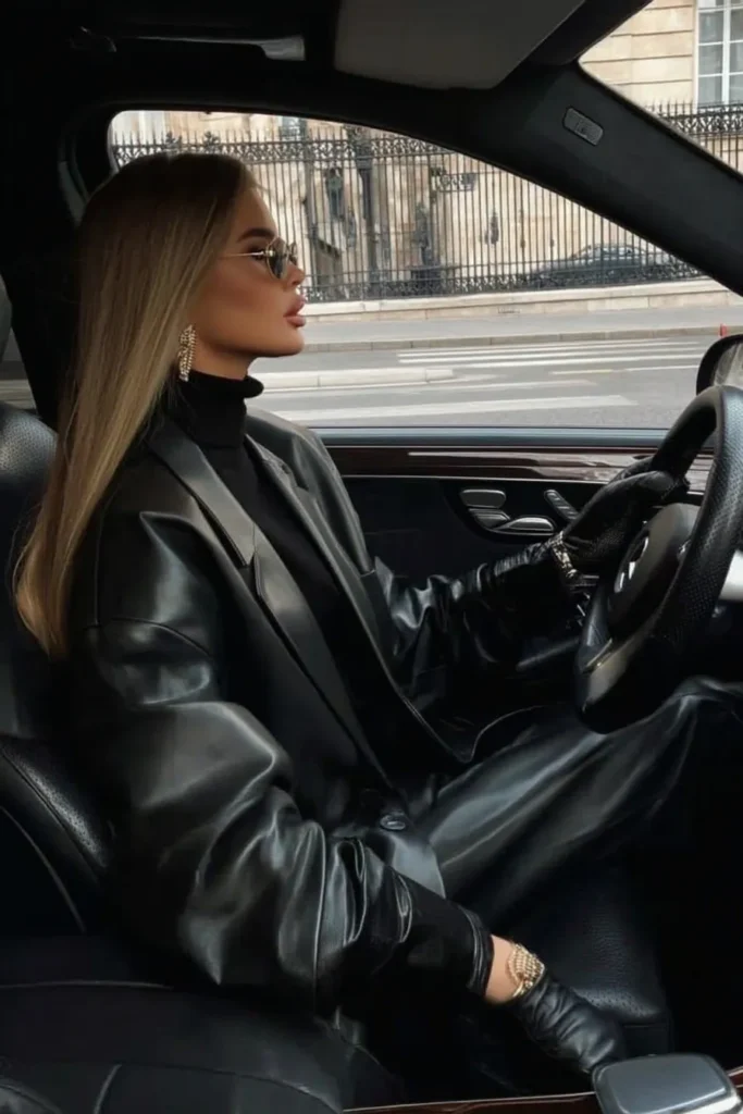 Elegant fall fashion outfits, with oversized black leather jacket, styled with black turtleneck and black sunglasses and glamorous crystal earrings for effortless autumn elegance