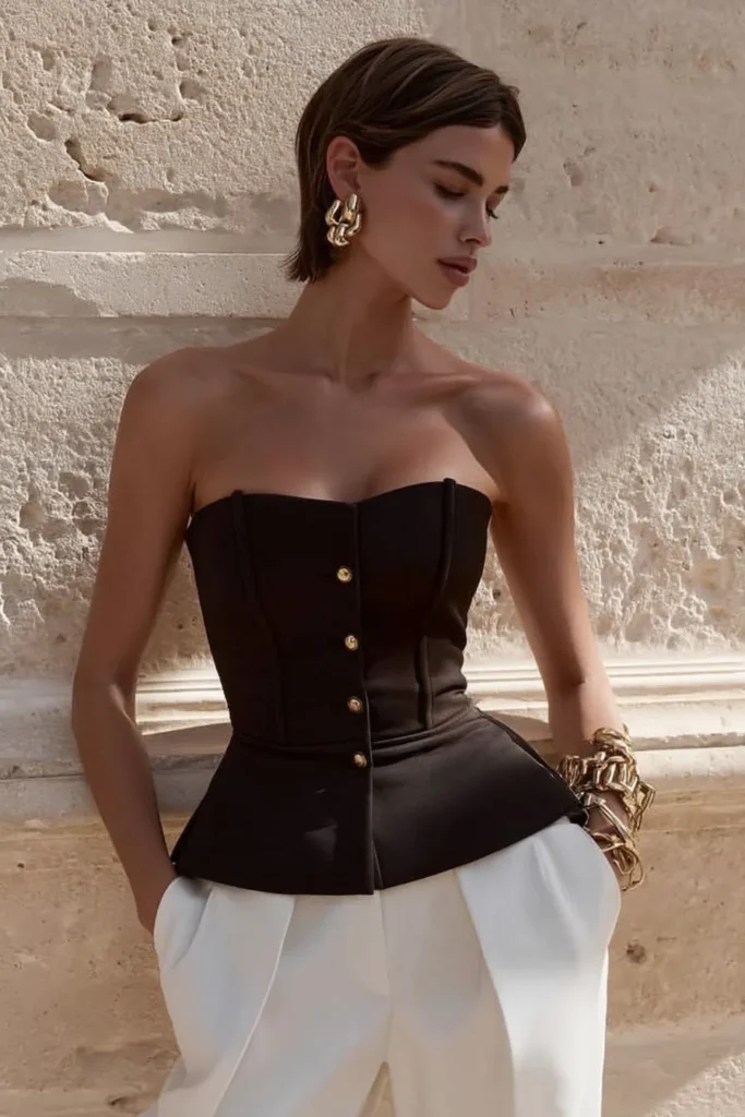 Elegant fall going out outfits, aesthetic with sleek black strapless peplum top with gold details paired with flowing white pants, accessorized with gold earrings for effortless  evening elegance